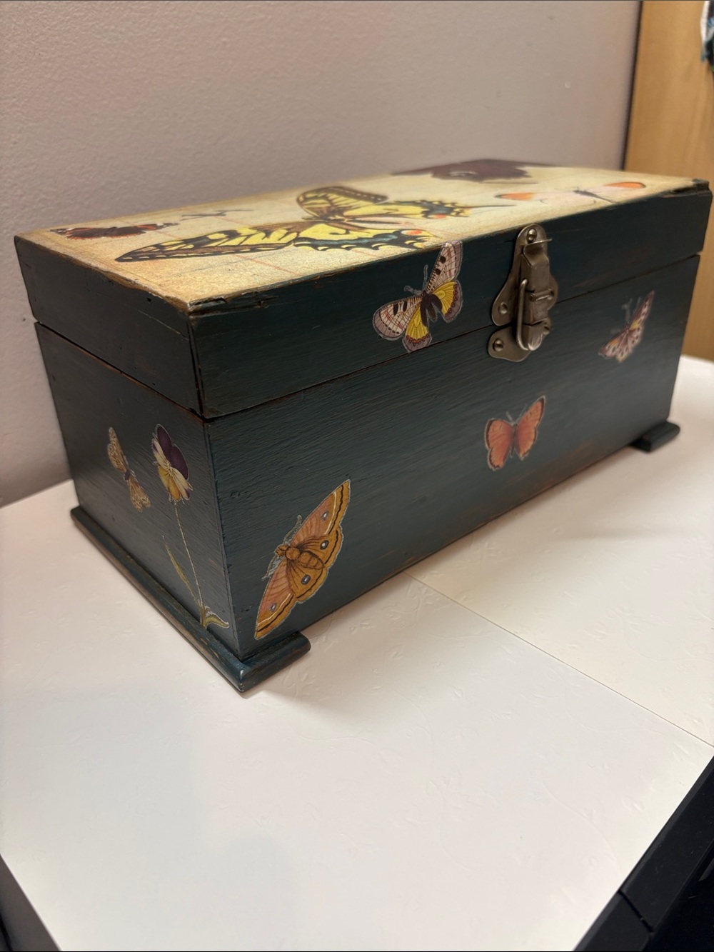 Blue Wooden Box with Butterfly Design